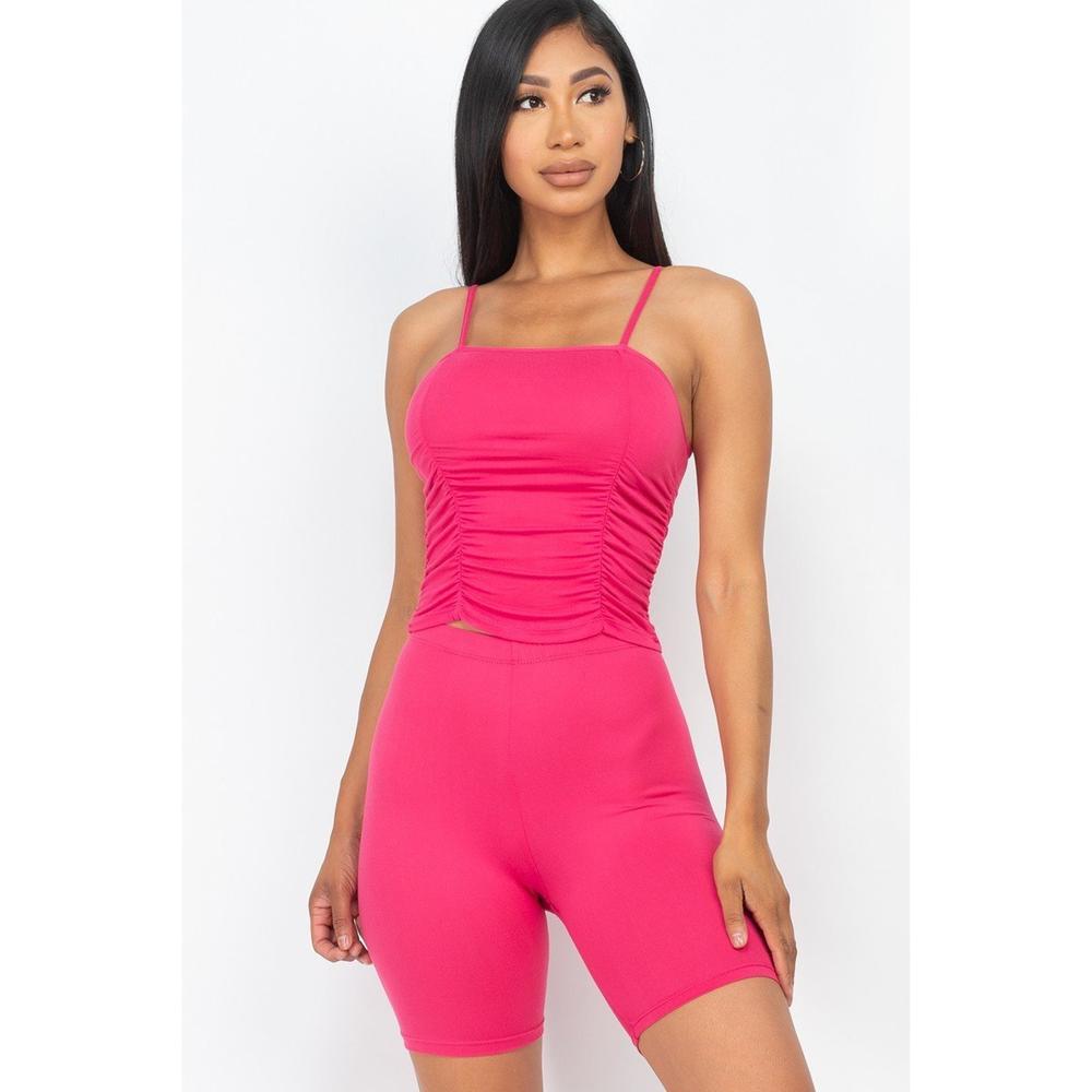 Camisole Ruched Sleeveless Top & Biker Shorts Set - Picture 1 of 4
